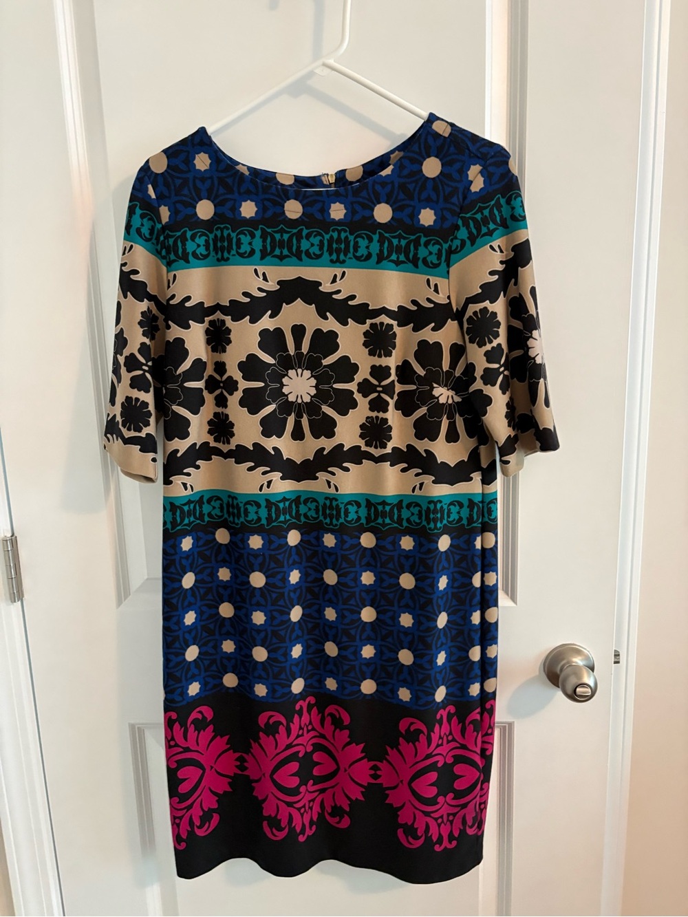 Multicolor Midi Shift Dress with Blue, Beige & Pink Print